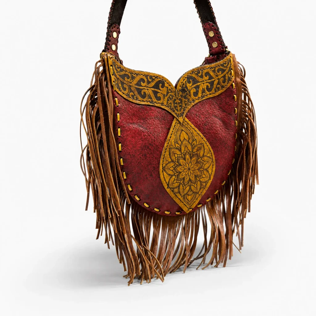 Detail view of Handmade Leather Fringe Hobo Bag - Crimson and Ochre - ASL Egypt