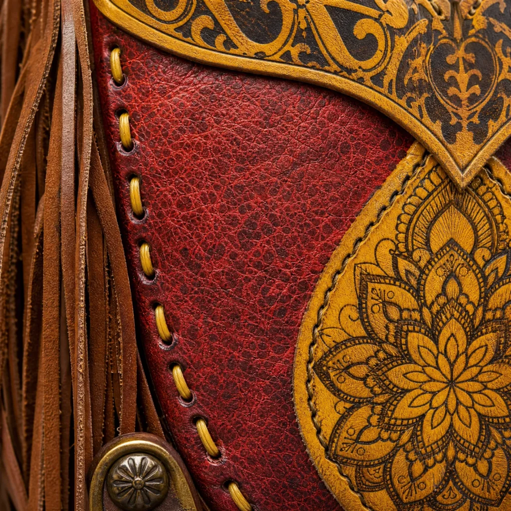 Interior of Handmade Leather Fringe Hobo Bag - Crimson and Ochre - ASL Egypt