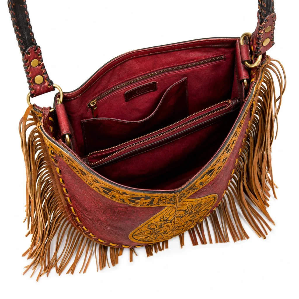 Side view of Handmade Leather Fringe Hobo Bag - Crimson and Ochre - ASL Egypt