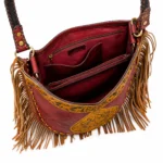 Side view of Handmade Leather Fringe Hobo Bag - Crimson and Ochre - ASL Egypt