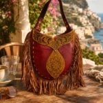 Back view of Handmade Leather Fringe Hobo Bag - Crimson and Ochre - ASL Egypt