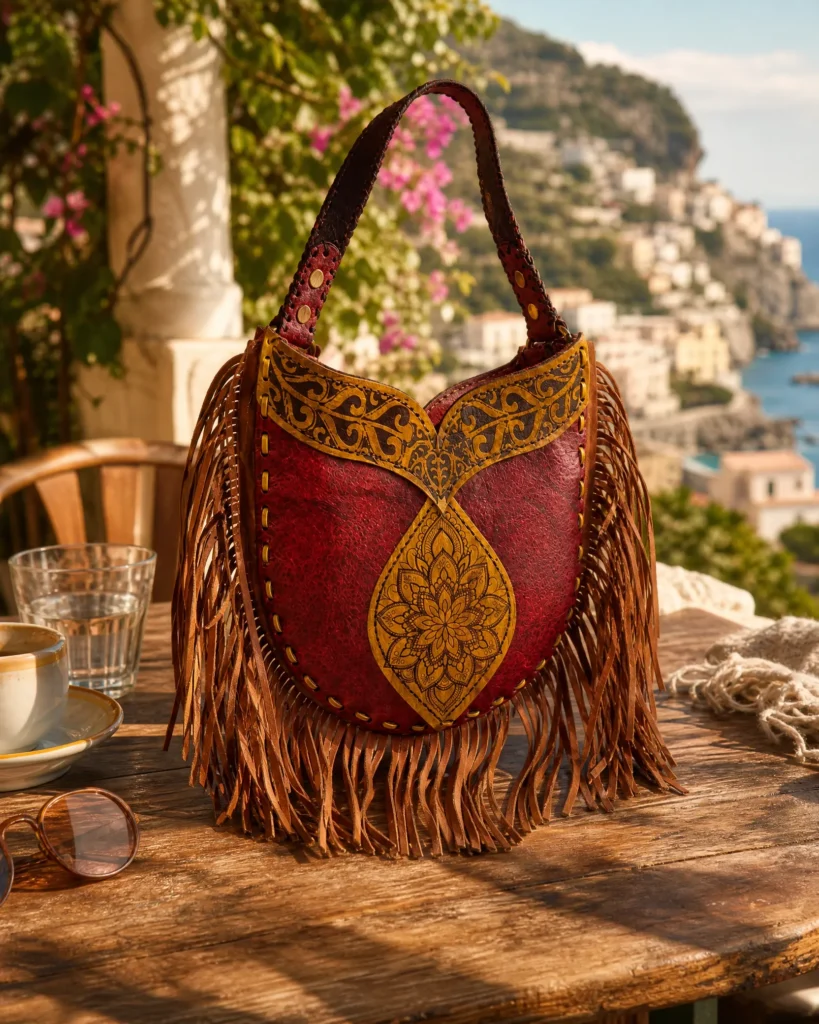 Back view of Handmade Leather Fringe Hobo Bag - Crimson and Ochre - ASL Egypt
