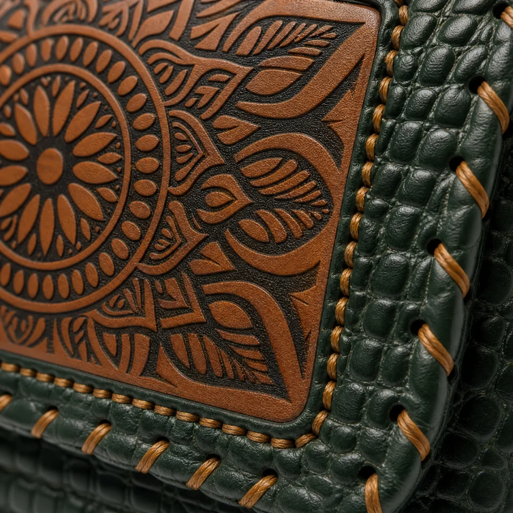 Side view of Handmade Green Croc Leather Mandala Crossbody Bag - Green - ASL Egypt