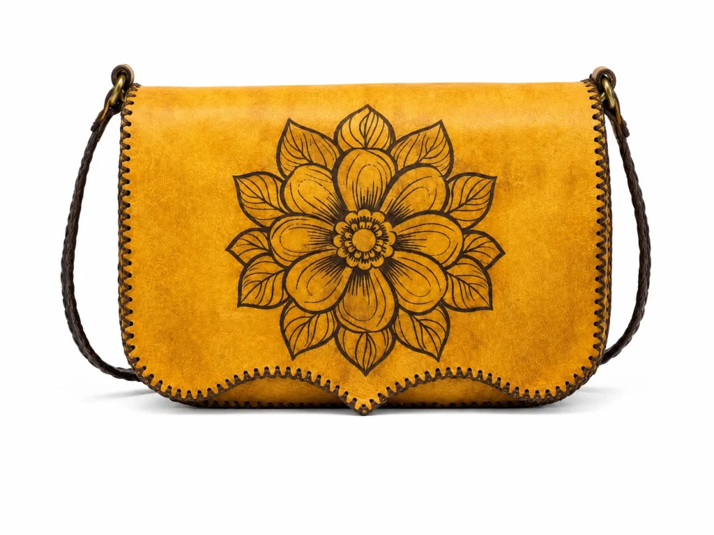 Side view of Handmade Leather Crossbody Wallet Bag - Saffron Yellow - ASL Egypt