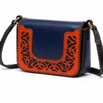 Detail view of Handmade Leather Crossbody Bag - Navy and Orange Filigree - ASL Egypt
