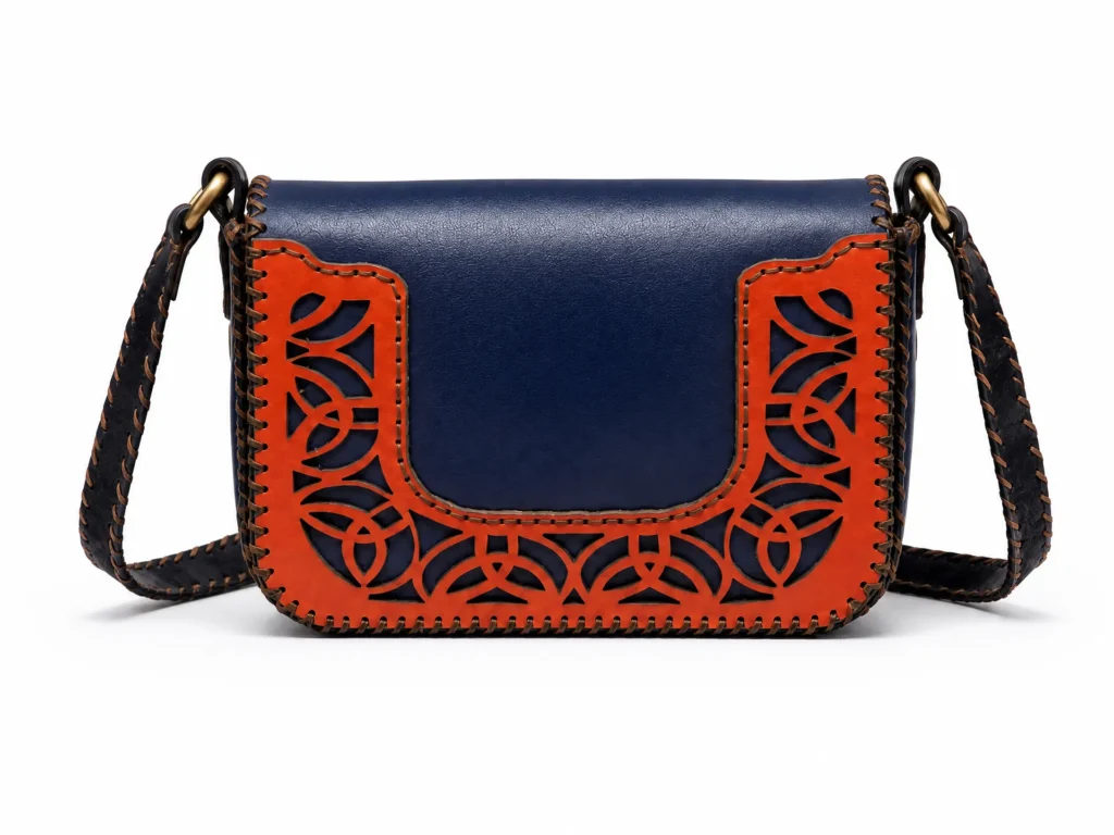 Interior of Handmade Leather Crossbody Bag - Navy and Orange Filigree - ASL Egypt