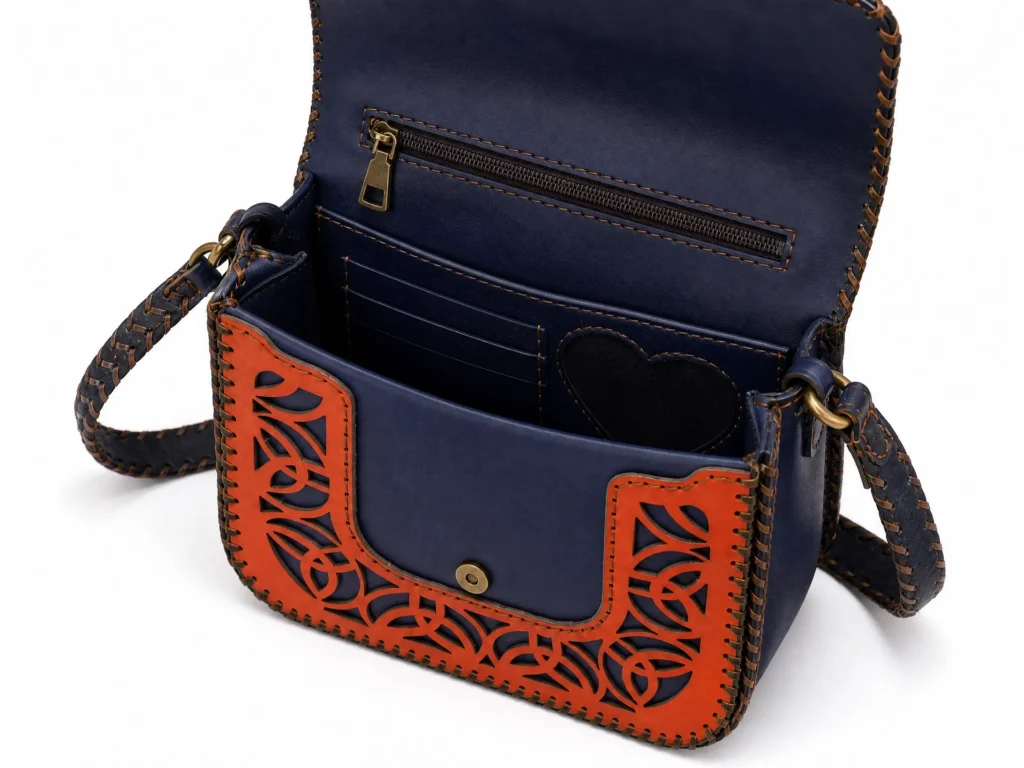 Side view of Handmade Leather Crossbody Bag - Navy and Orange Filigree - ASL Egypt