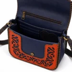 Side view of Handmade Leather Crossbody Bag - Navy and Orange Filigree - ASL Egypt