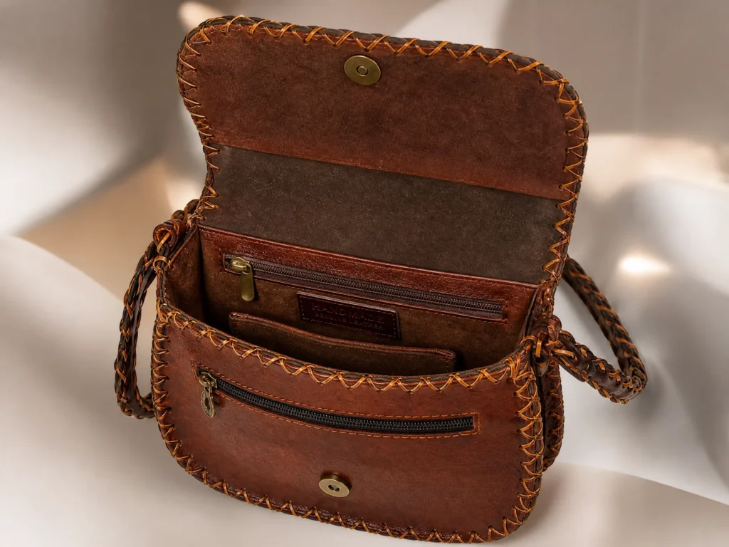 Interior of Handmade Nefertiti Leather Crossbody Bag - Brown - ASL Egypt