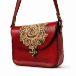 Model wearing Handmade Leather Rose Crossbody Bag - Scarlet Red - ASL Egypt
