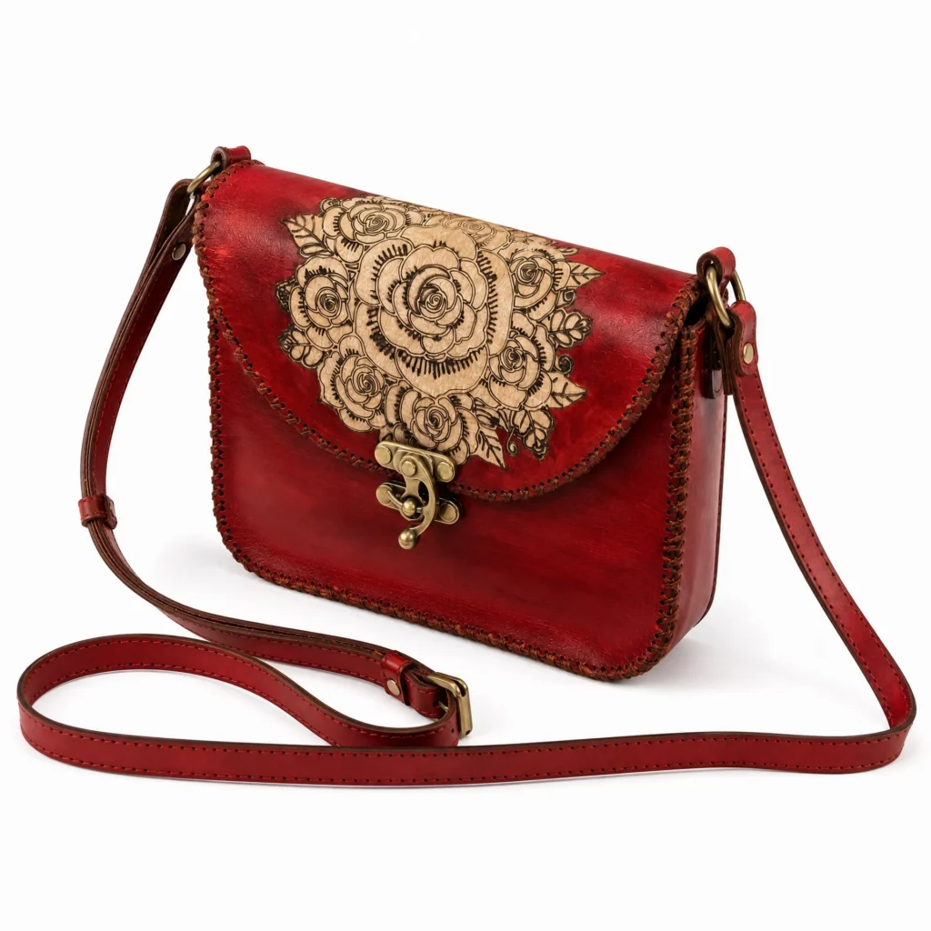 Detail view of Handmade Leather Rose Crossbody Bag - Scarlet Red - ASL Egypt