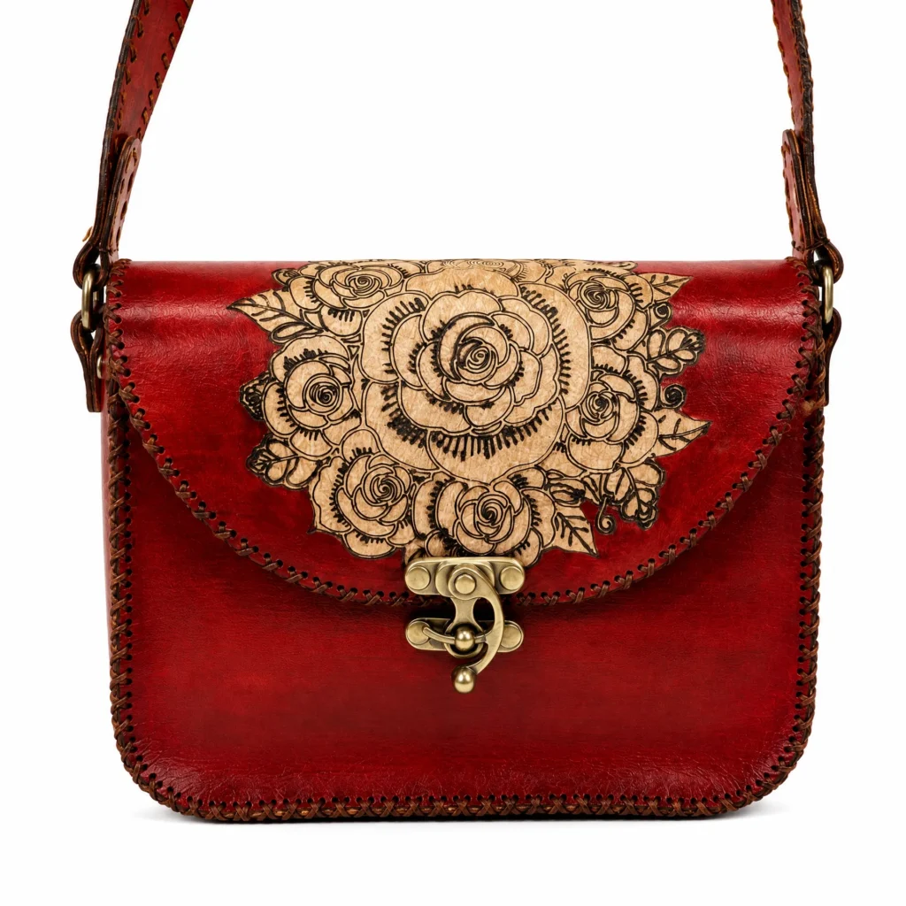 Interior of Handmade Leather Rose Crossbody Bag - Scarlet Red - ASL Egypt