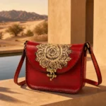 Back view of Handmade Leather Rose Crossbody Bag - Scarlet Red - ASL Egypt