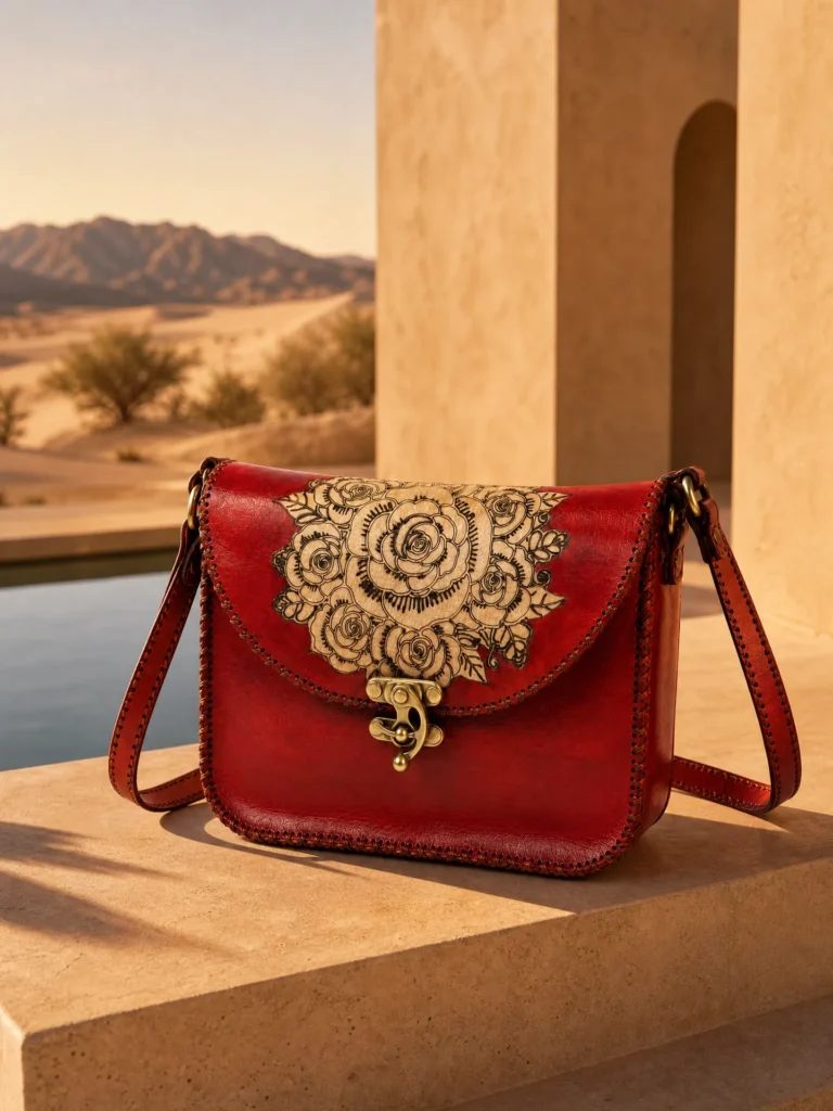 Back view of Handmade Leather Rose Crossbody Bag - Scarlet Red - ASL Egypt