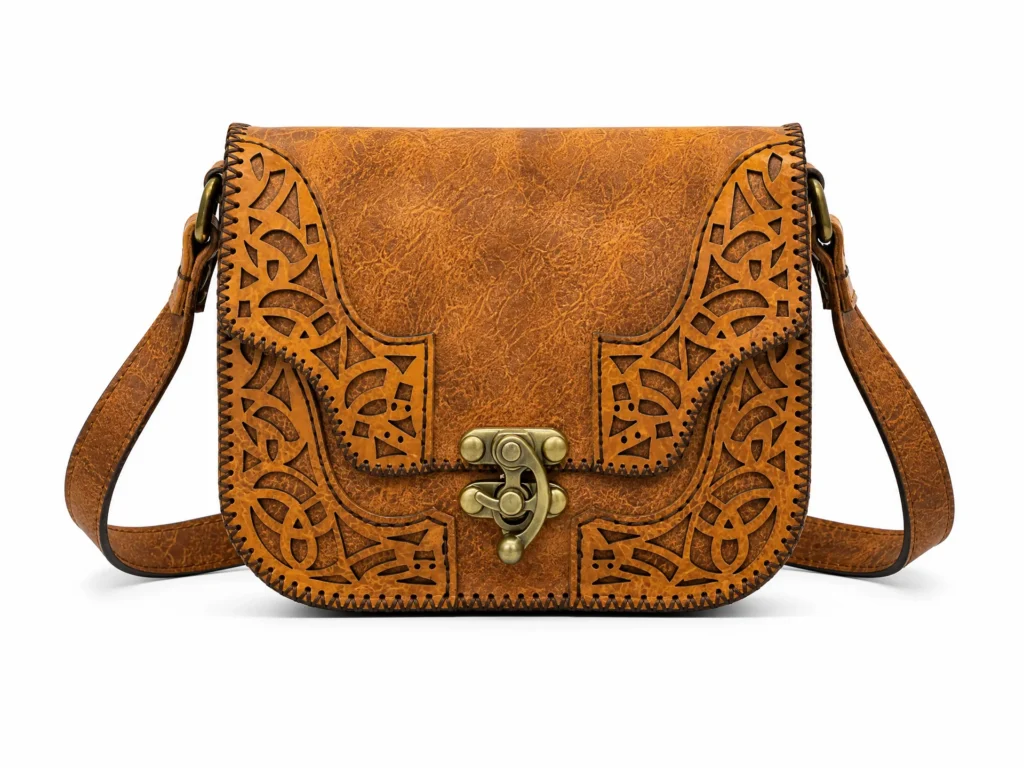 Detail view of Handmade Leather Crossbody Bag - Filigree Cut-Out - ASL Egypt